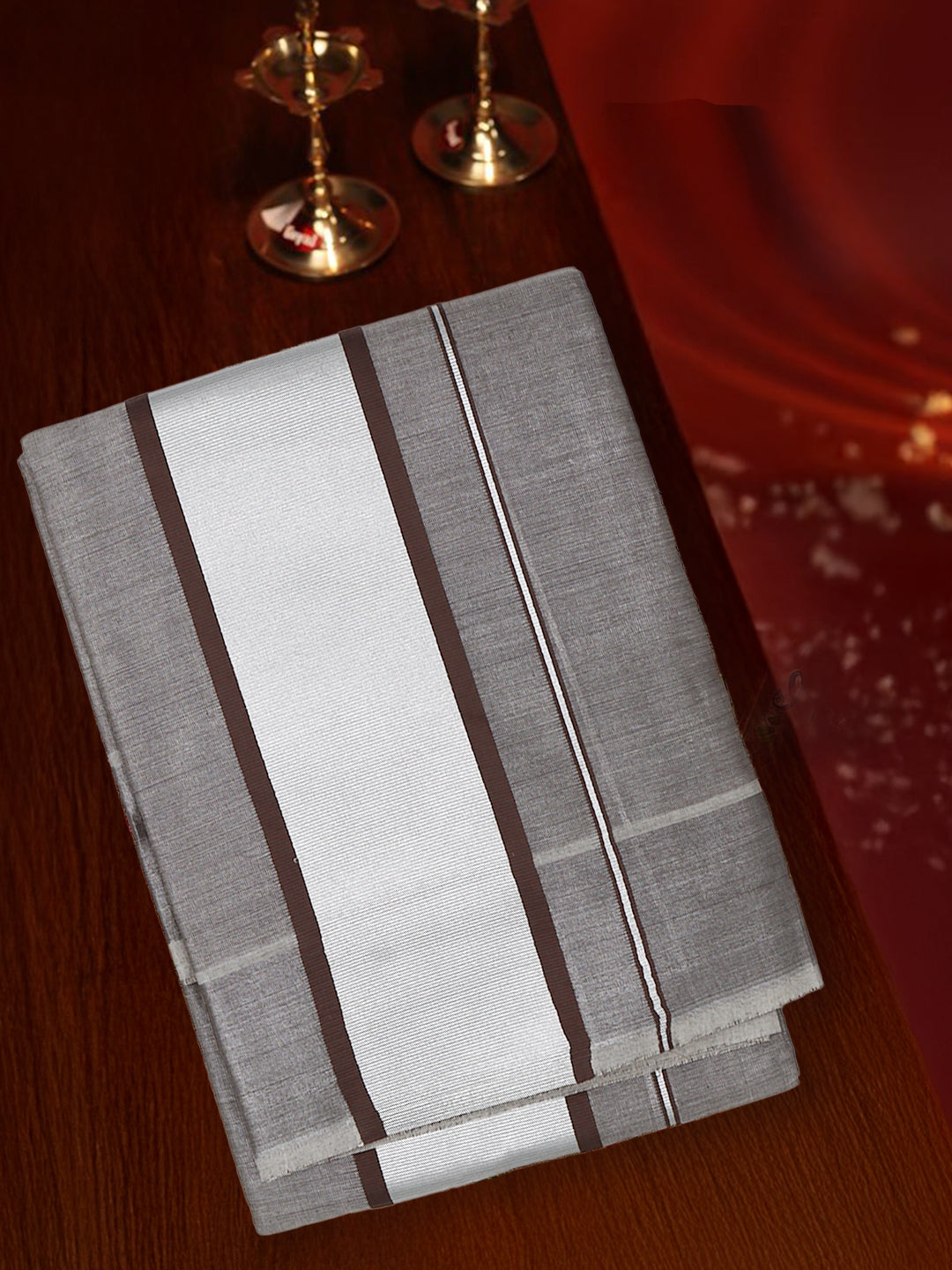 Men Tissue Silver Jari Border Panchakacham with Angavasthram Set (9+5) Gangotri GGC02