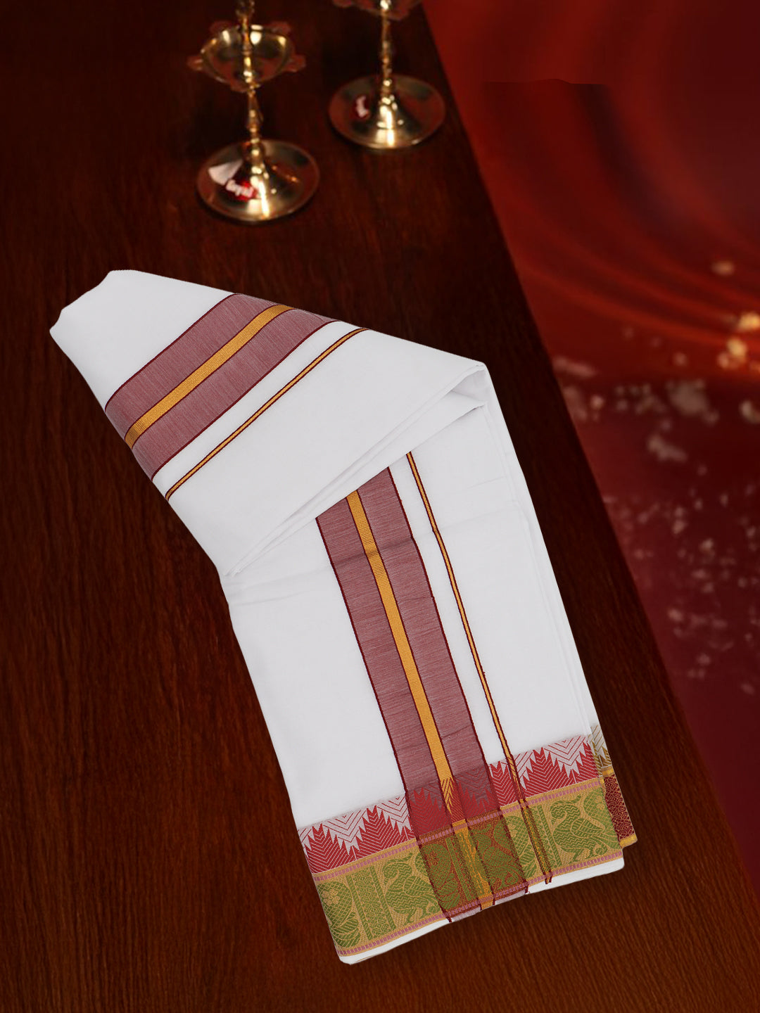 Men Cotton Red Fancy Border Panchakacham with Angavasthram Vishvadeva (9+5) VD03