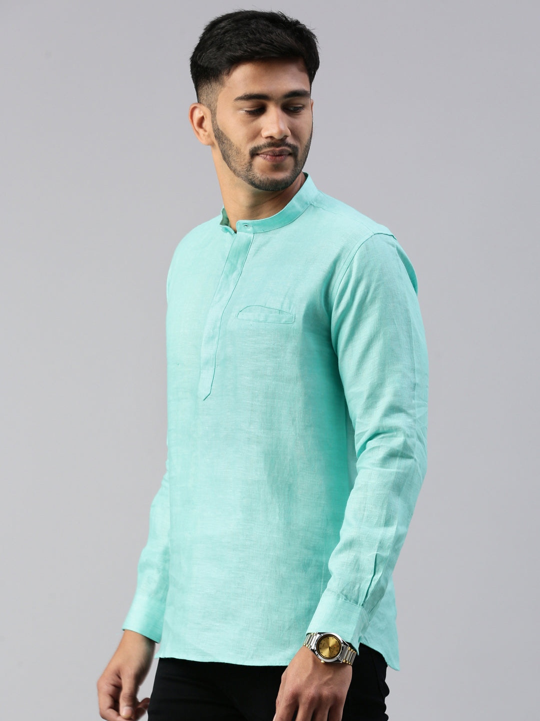 Men Linen Short Length Plain Pocket Kurta Blue M16