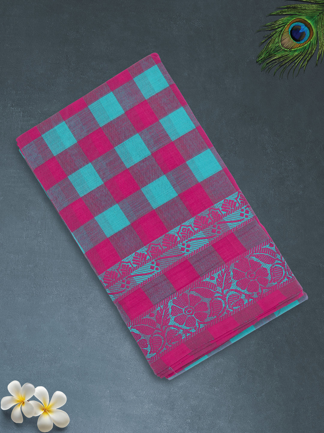 Women Pink with Green Checks Pure Chettinad Cotton Saree PCS225