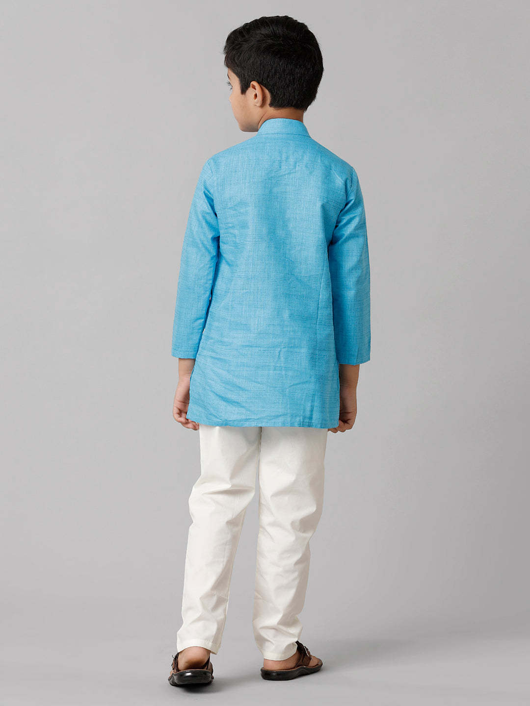 Boys Cotton Full Sleeves Sky Blue Kurta with Cream Pyjama Pant Combo FS4-Back view