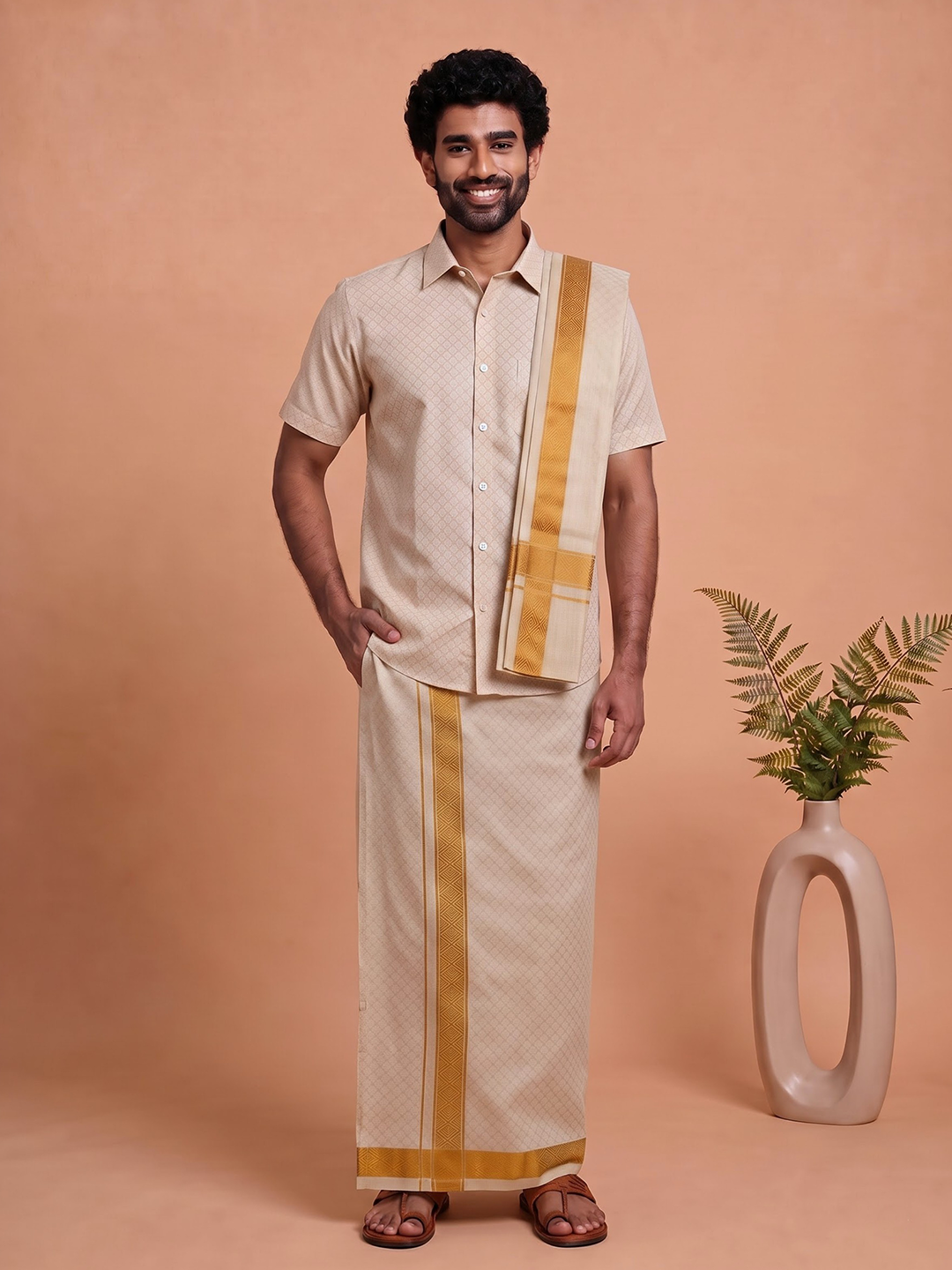 Tissue Gold Jacquard Shirt, Dhoti & Towel Set (3x1) | GD13