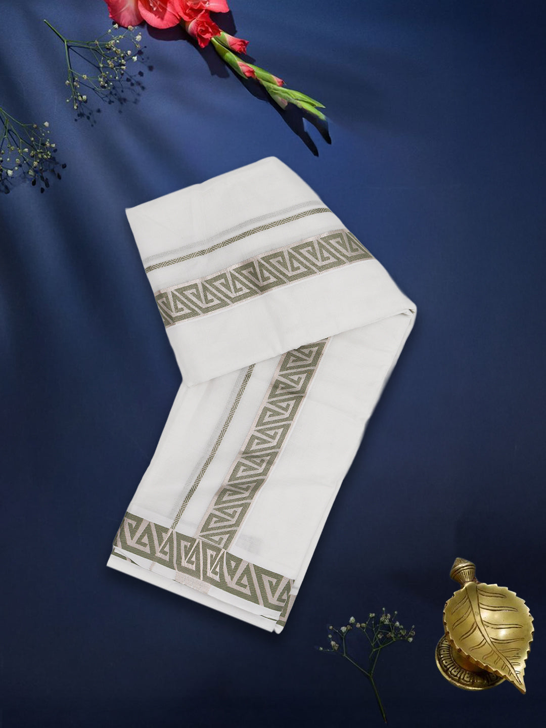 Men Premium Cotton Double Layer White Dhoti with Green Fancy Jari Border Luxury Club LC19