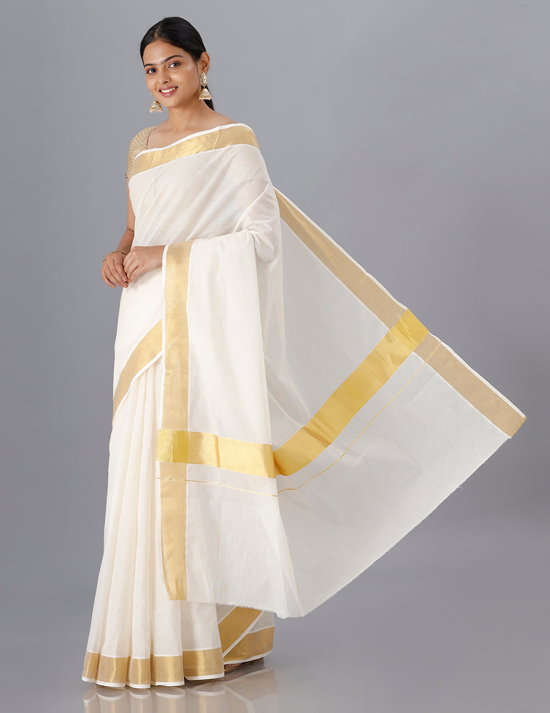 Women Traditional Kerala Cream Plain Saree with Gold Border KS222
