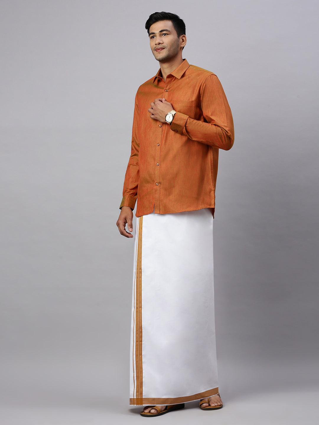 Men Brown Matching Border Dhoti & Full Sleeves Shirt Set CV3