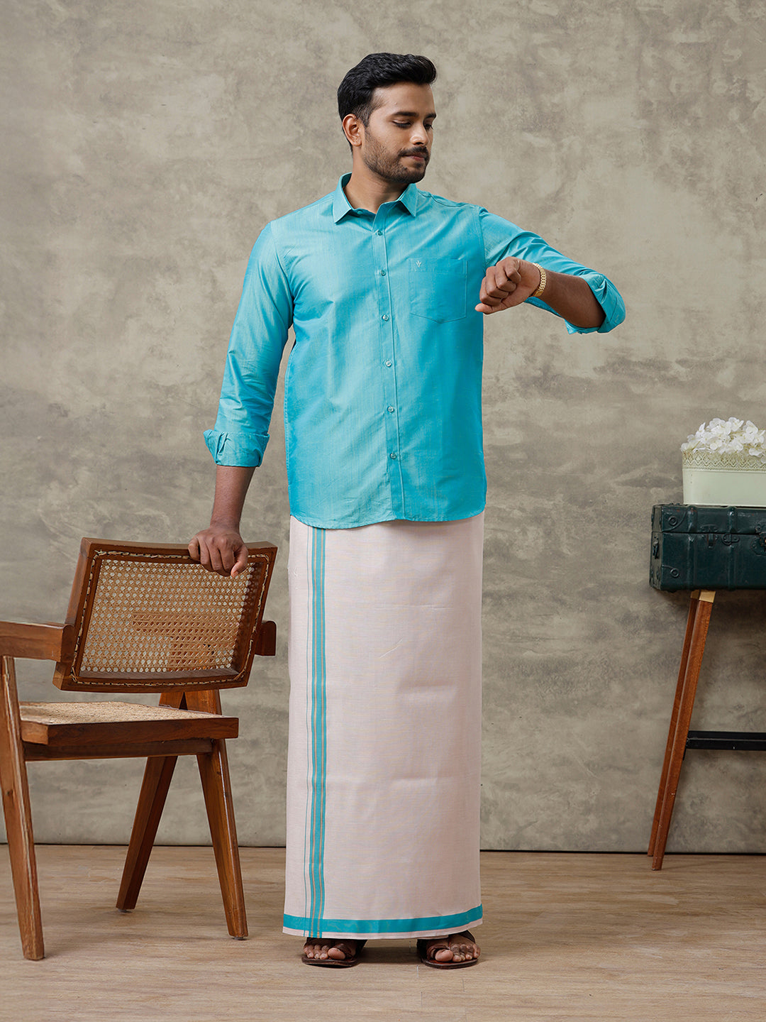 Men Cotton Blend Aqua Blue Shirt and Tissue Dhoti Set VB8