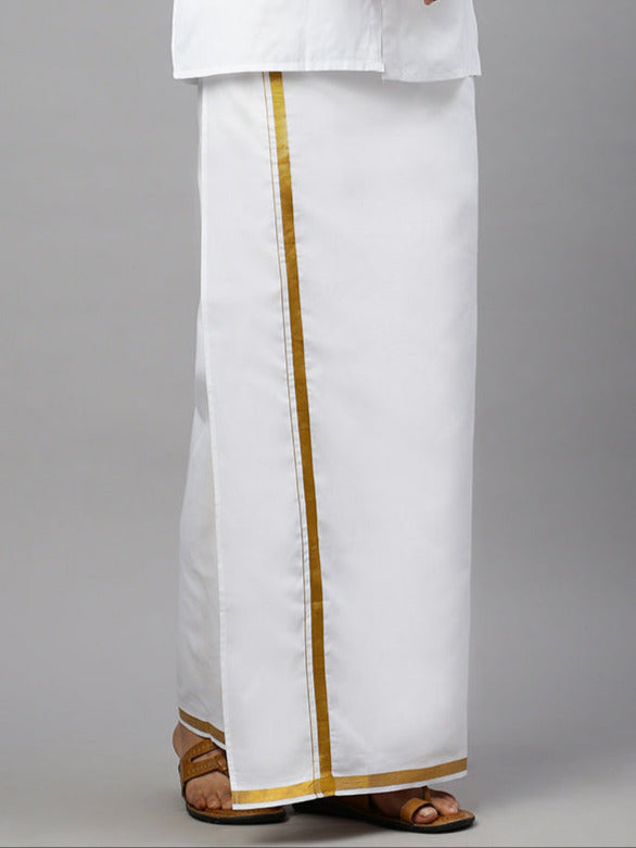 Men Wrinkle Free White Shirt with 3/4'' inch Gold Jari Border Double Layer Dhoti Combo