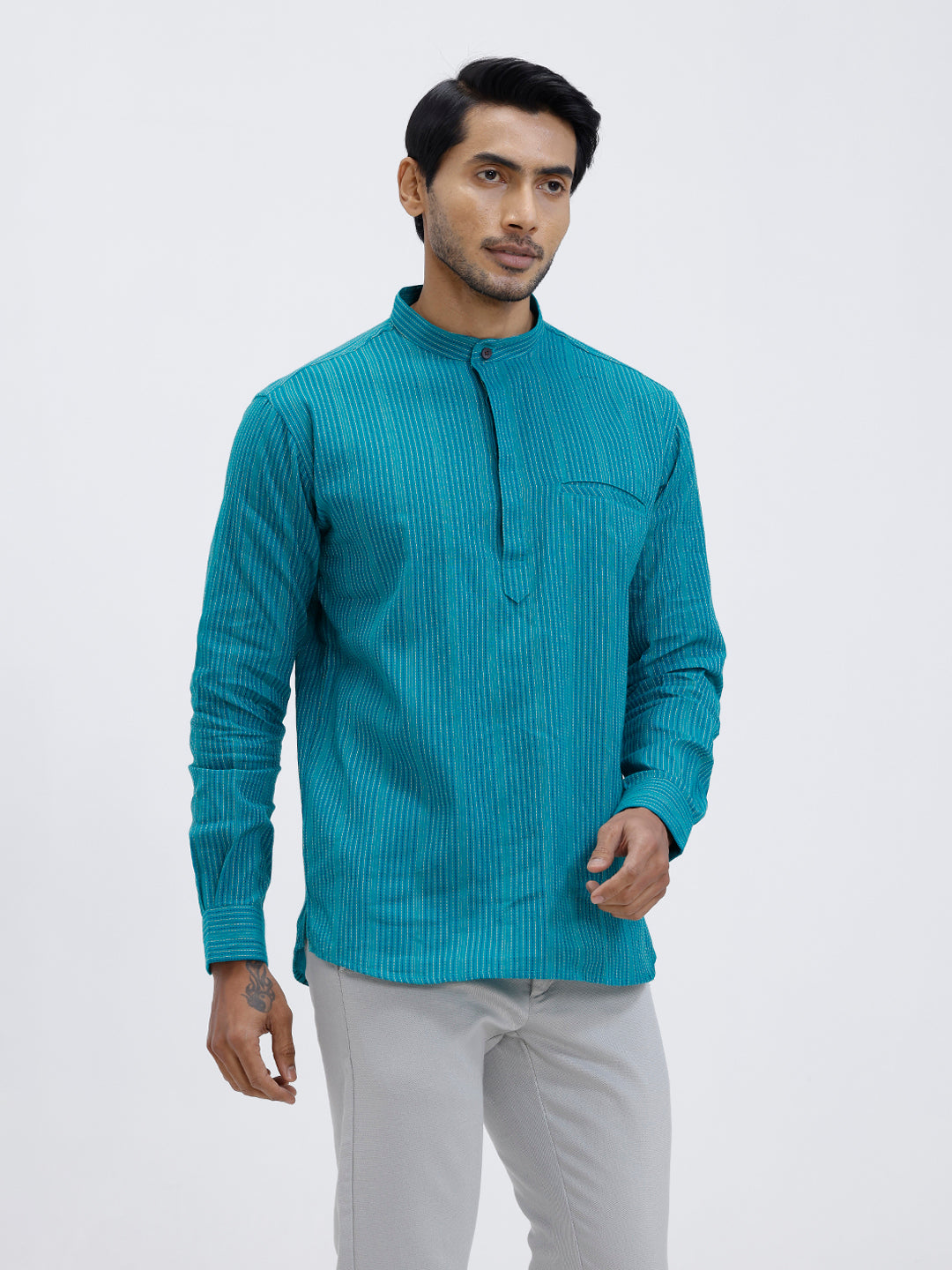 Men Cotton Short Length Striped Pocket Kurta Green RK56