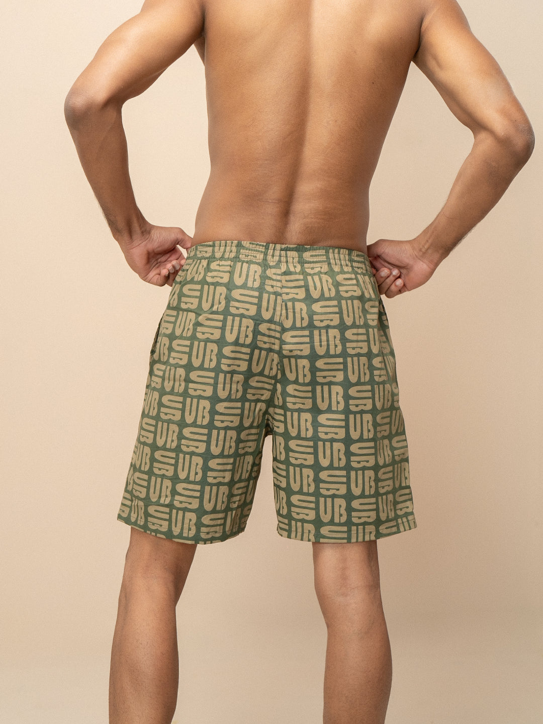 Men 100% Combed Cotton Green Woven Printed Boxer Long Shorts WB49