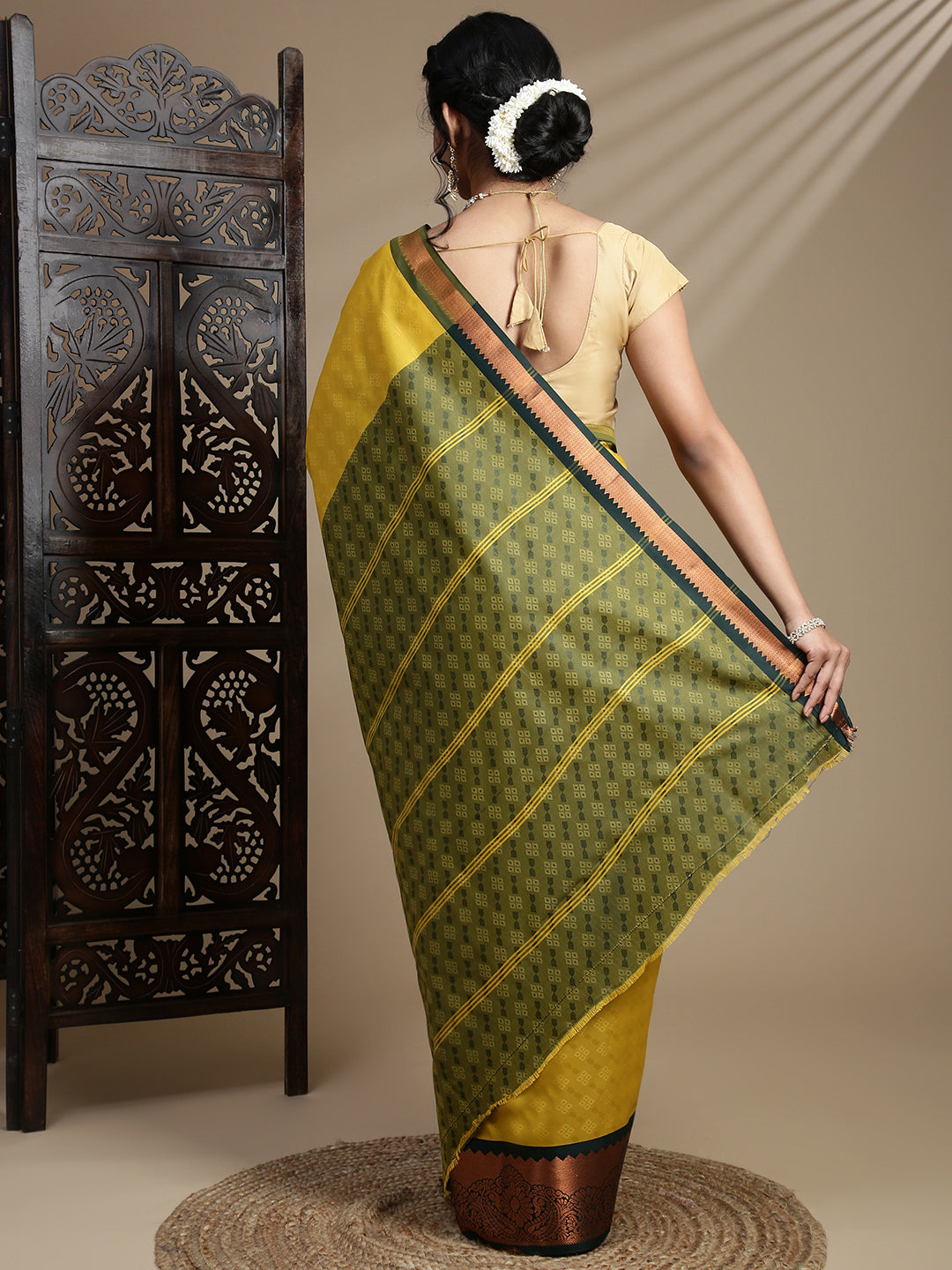 Women Yellow with Green Art Silk Saree ASS115
