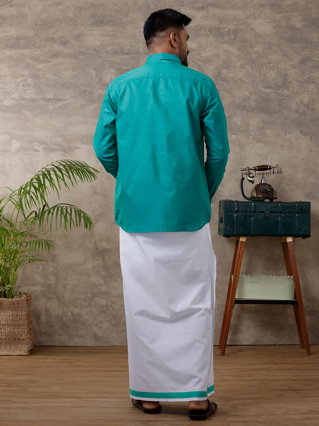 Men Matching Border Dhoti & Shirt Set Full Green C36
