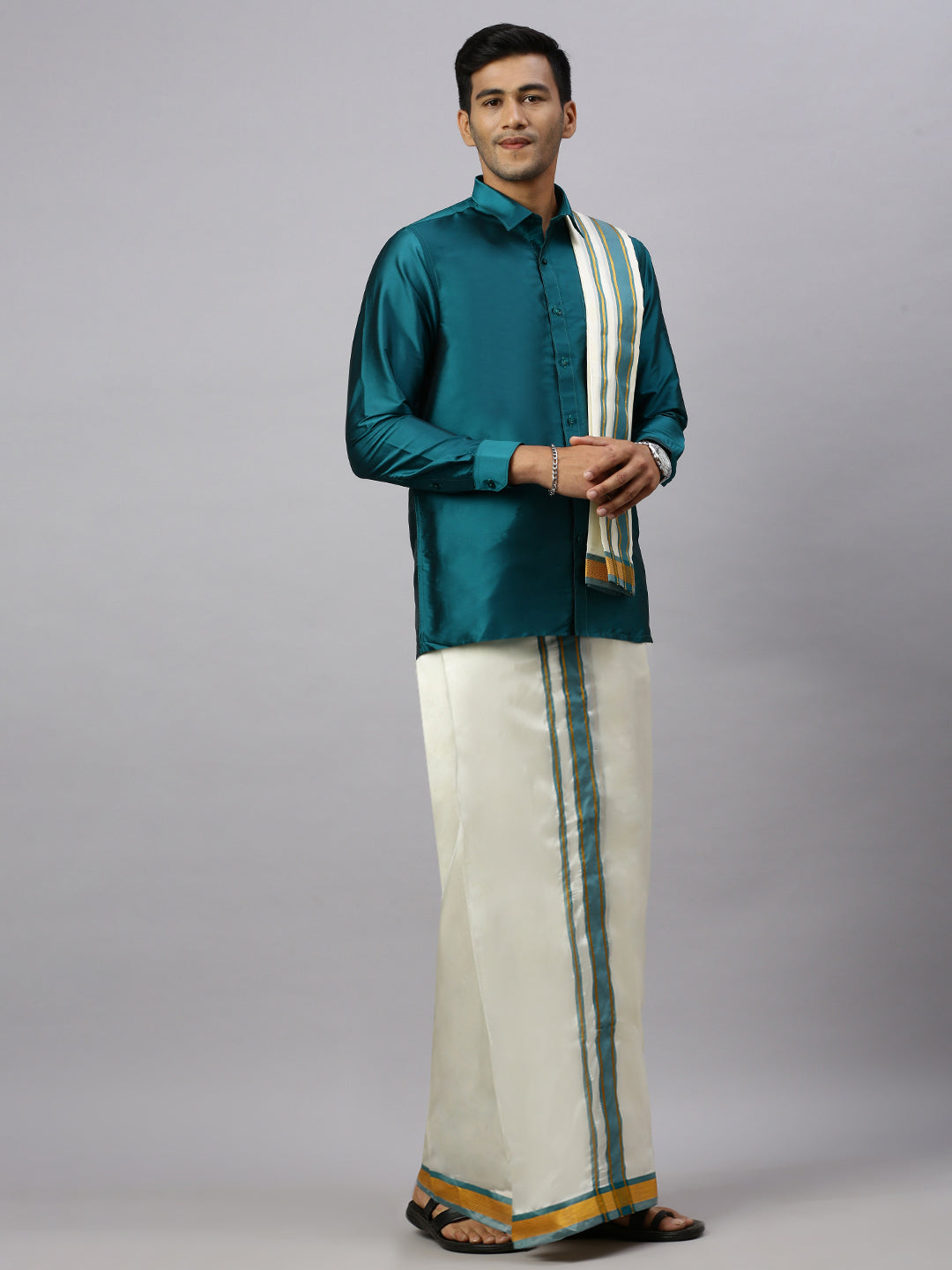 Mens Full Sleeves Ramar Green Shirt with Matching Border Cream Dhoti & Towel Set