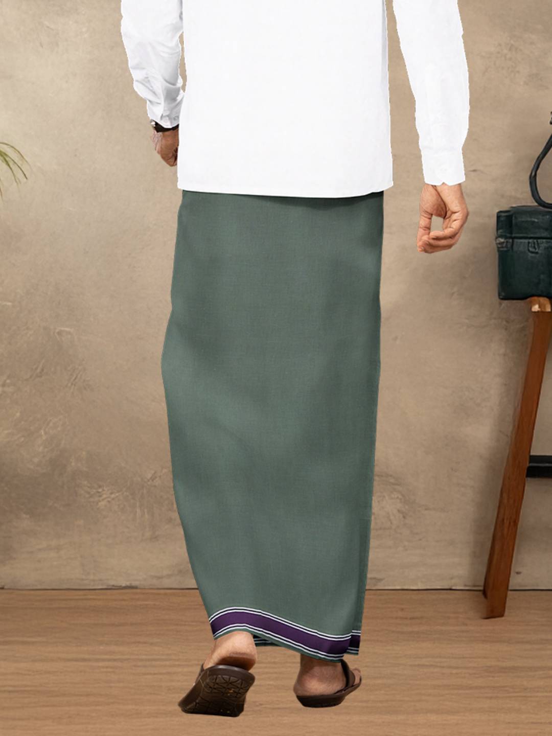 Men Cotton Blend Single Layer Green Dhoti with Fancy Border Charming Line 5