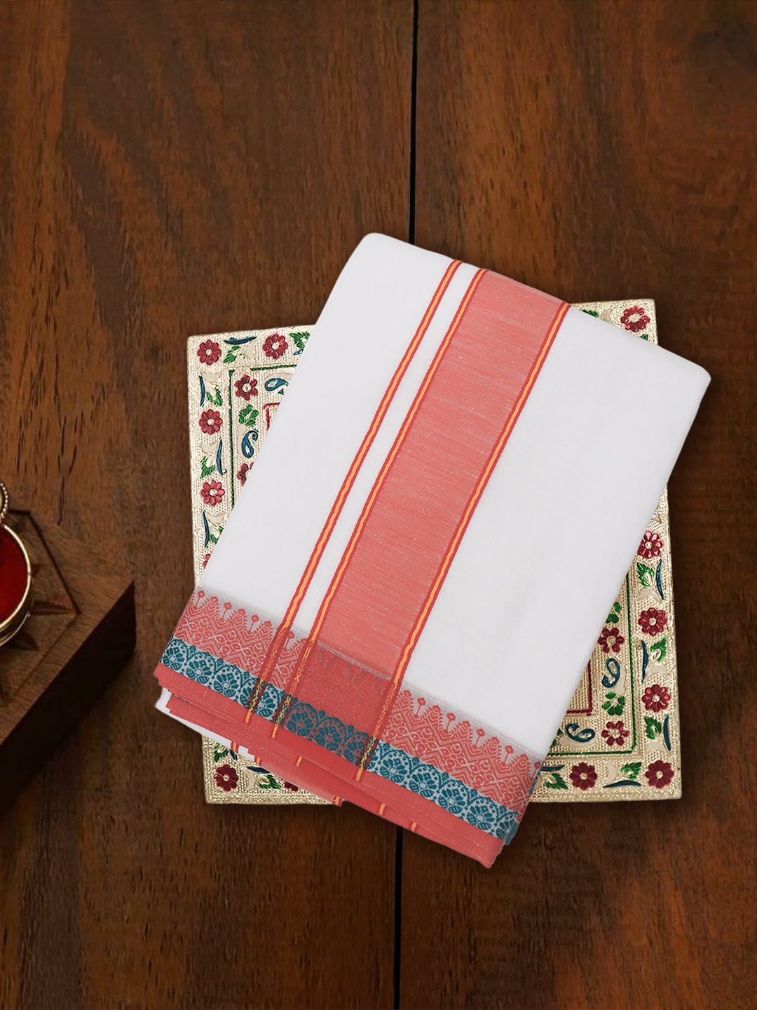 Men Cotton Orange Fancy Border Panchakacham with Angavasthram Keerthisena (9+5) KS07