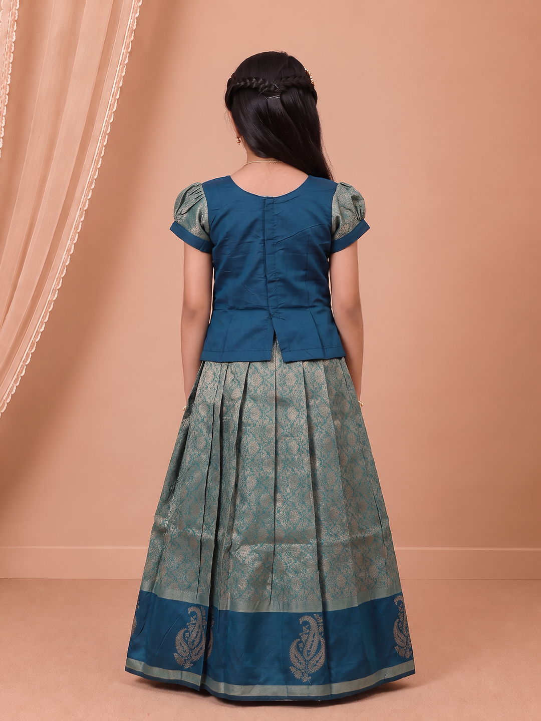 Girls Art Silk Teal Blue Pattu Pavadai Set GPS82