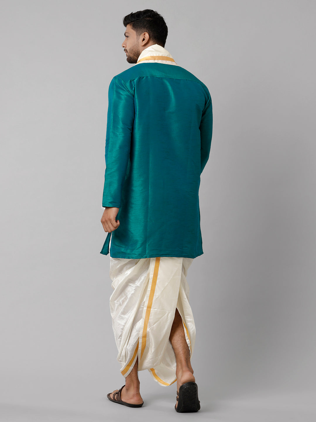 Mens Polyster Dark Green Medium Length Kurta with Art Silk Panchakacham Towel Combo SL04-Back view