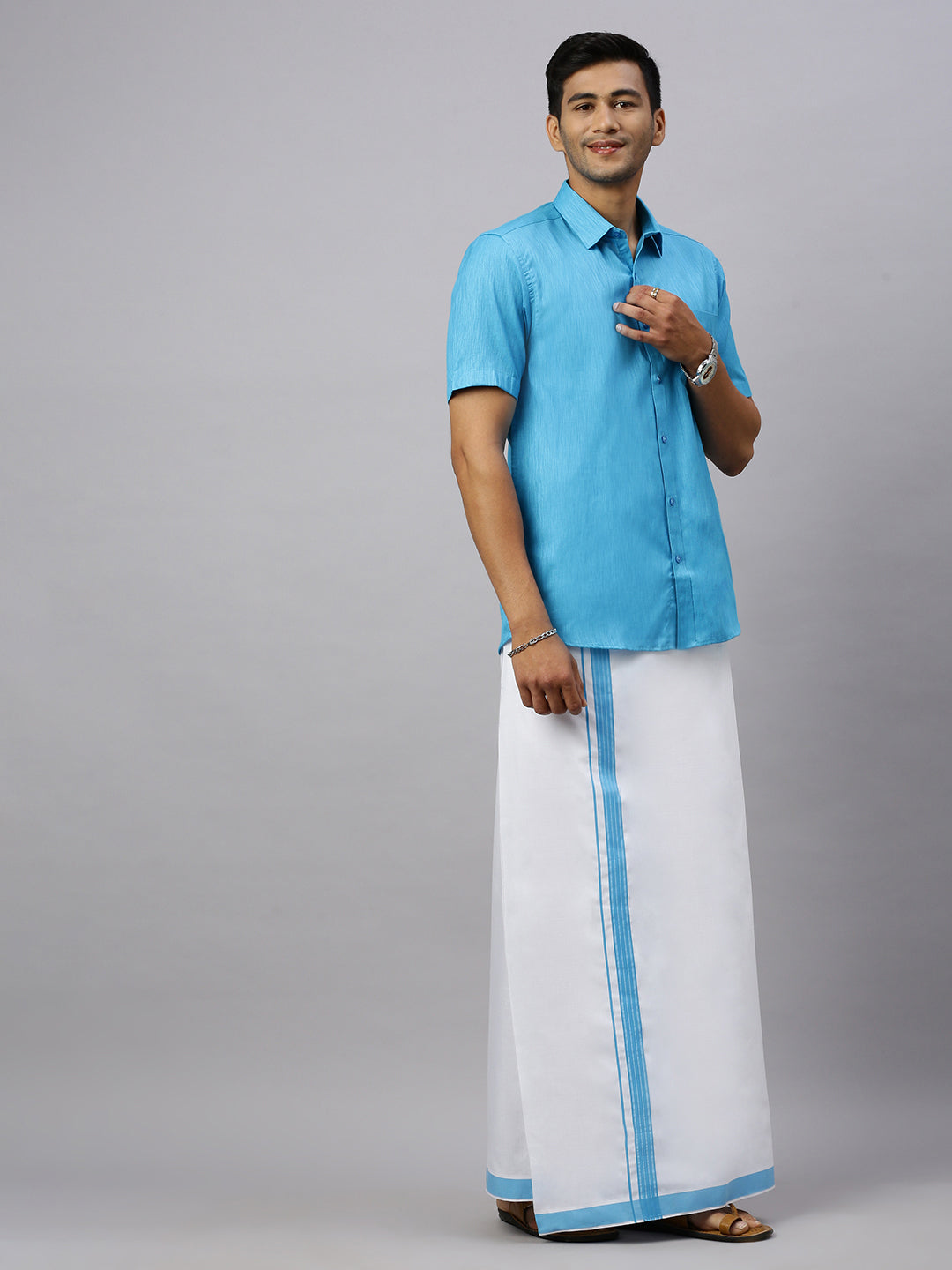 Men Eastern Blue Matching Border Dhoti & Half Sleeves Shirt Set CV5