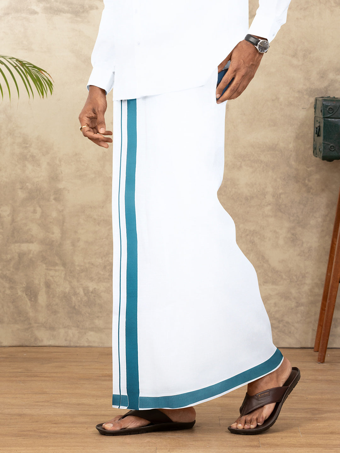 Men Cotton Blend Readymade Single Layer White Dhoti with Big Border GA