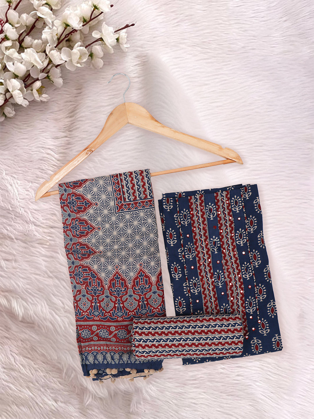 Women Pure Cotton Printed Dress Material Dark Blue DM351