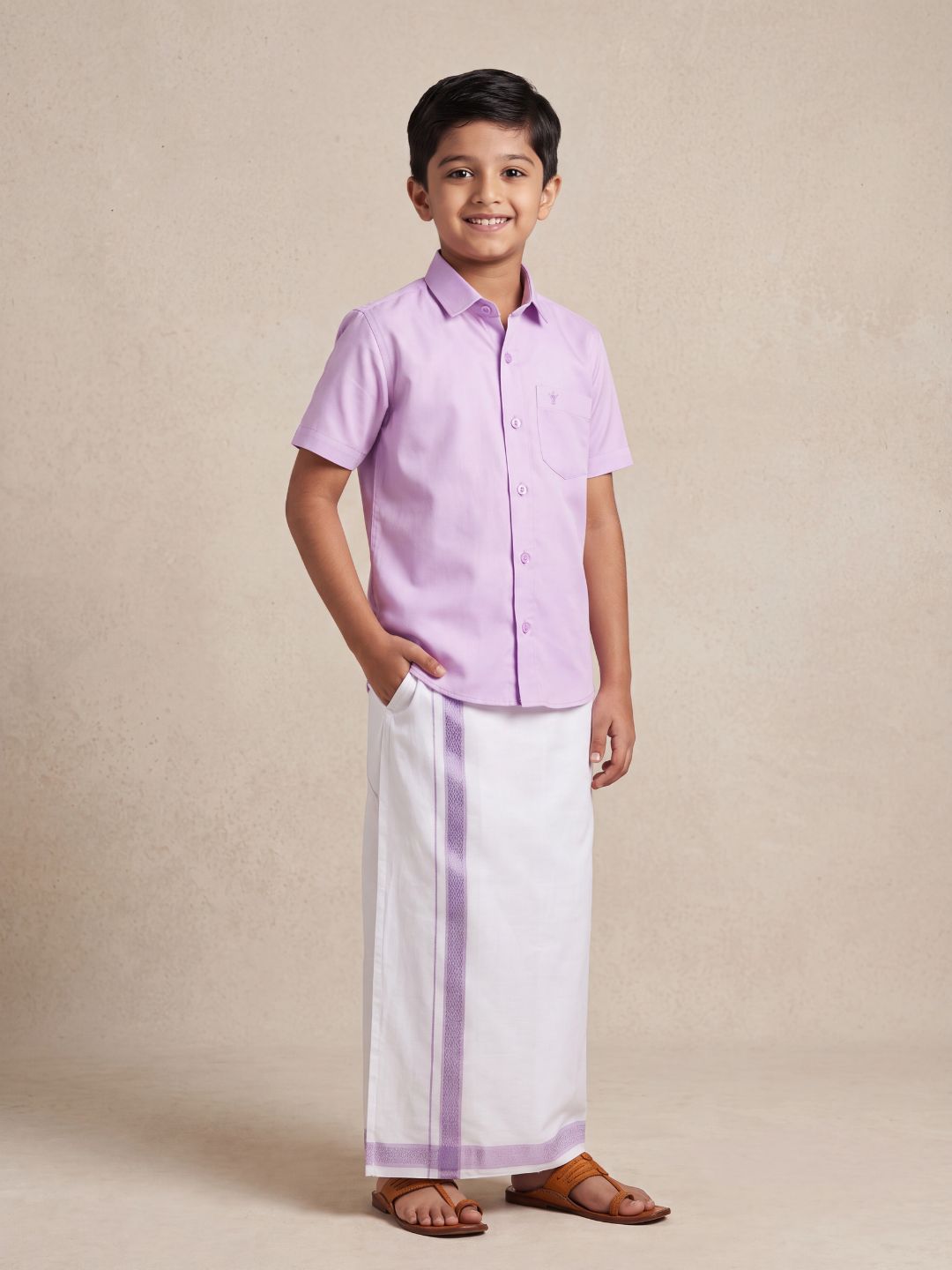 Boys 100% Cotton Lavender Shirt and Fancy Border Dhoti Set BT2