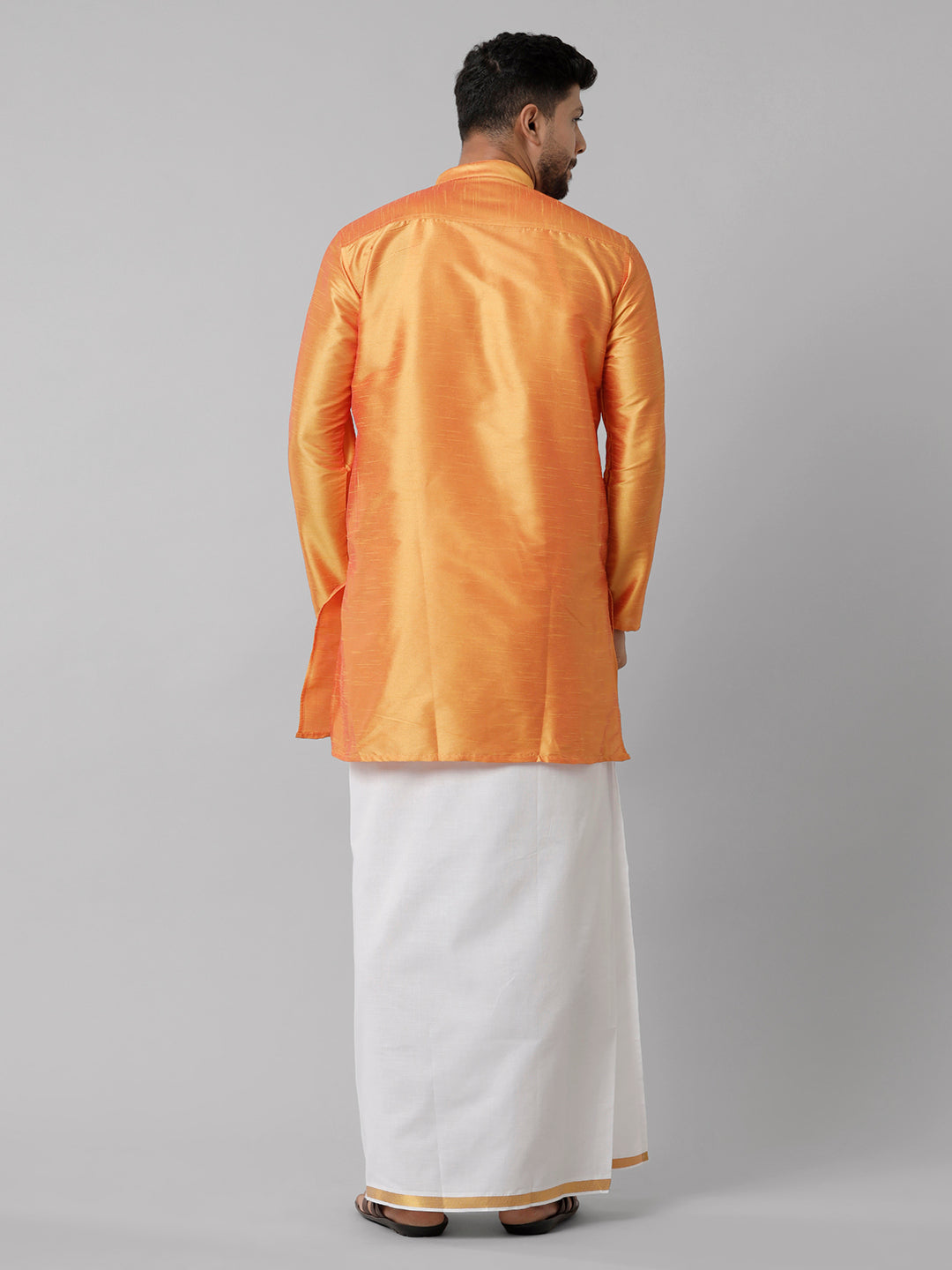 Mens Polyster Orange Medium Length Kurta with White 3/4" Gold Jari Dhoti Combo SL03-Back view