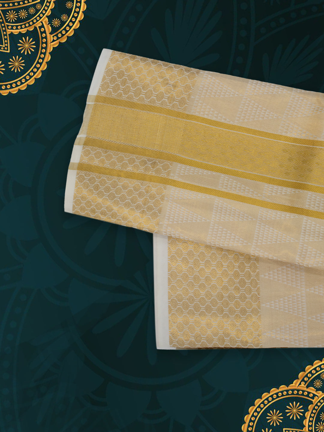 Men Premium Pure Silk Gold Tissue Emboss Design Dhoti Shirting & Towel Set with 5" inch Gold Jari Border RJ04