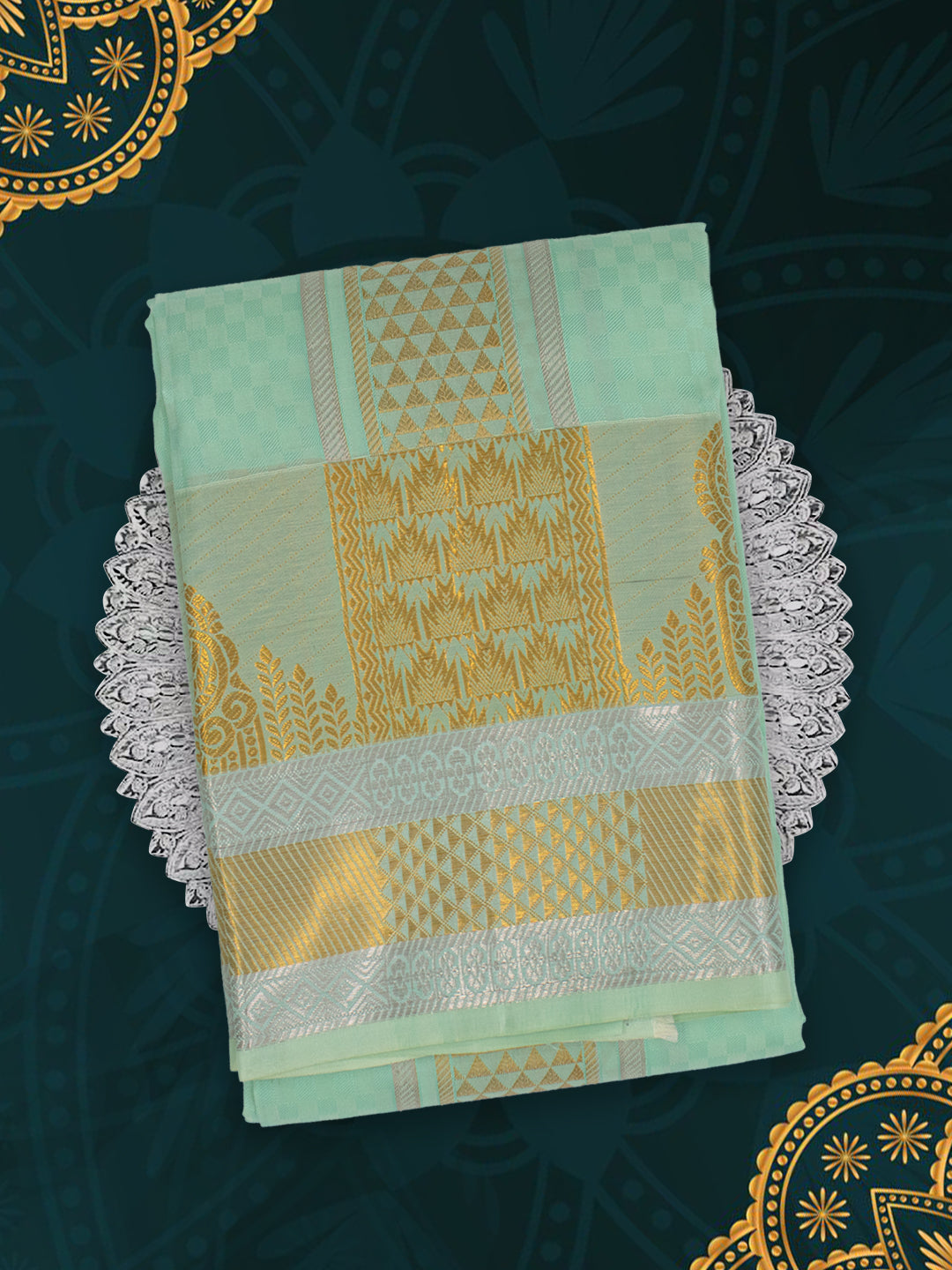 Men Pure Silk Green Dhoti & Towel Set with 4" inch Silver Jari Border TKC13