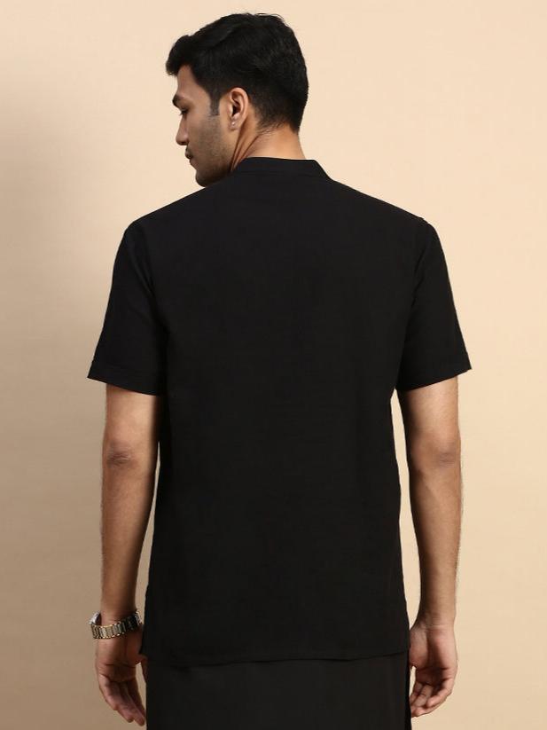 Men Cotton Short Length Plain Pocket Kurta Black PB17