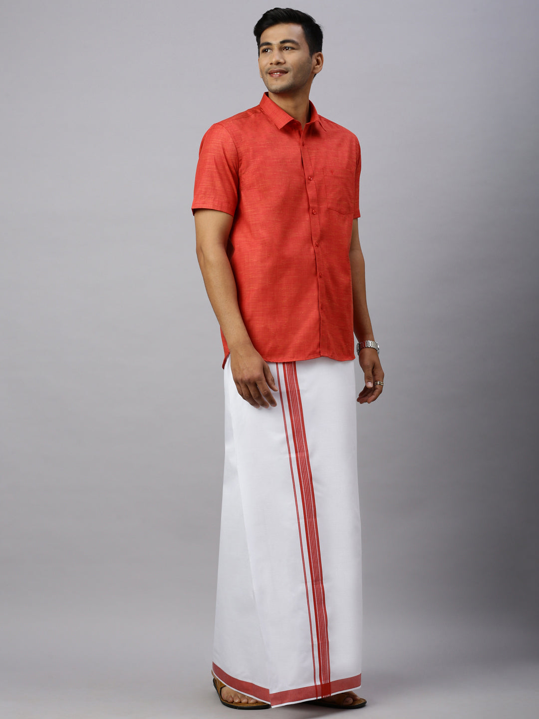 Men Rosewood Red Matching Border Dhoti & Half Sleeves Shirt Set CV4