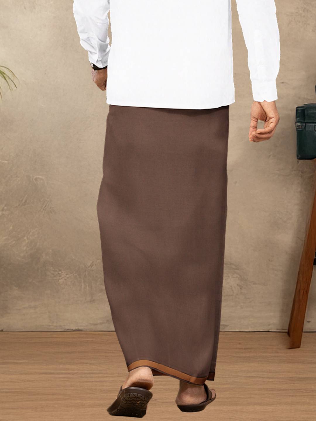 Men 100% Cotton Single Layer Brown Dhoti with Big Border Poojan
