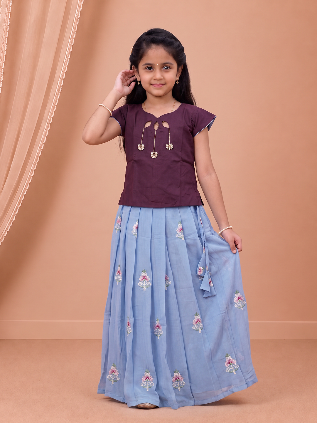 Girls Art Silk Dark Purple with Blue Pattu Pavadai Set GPS81