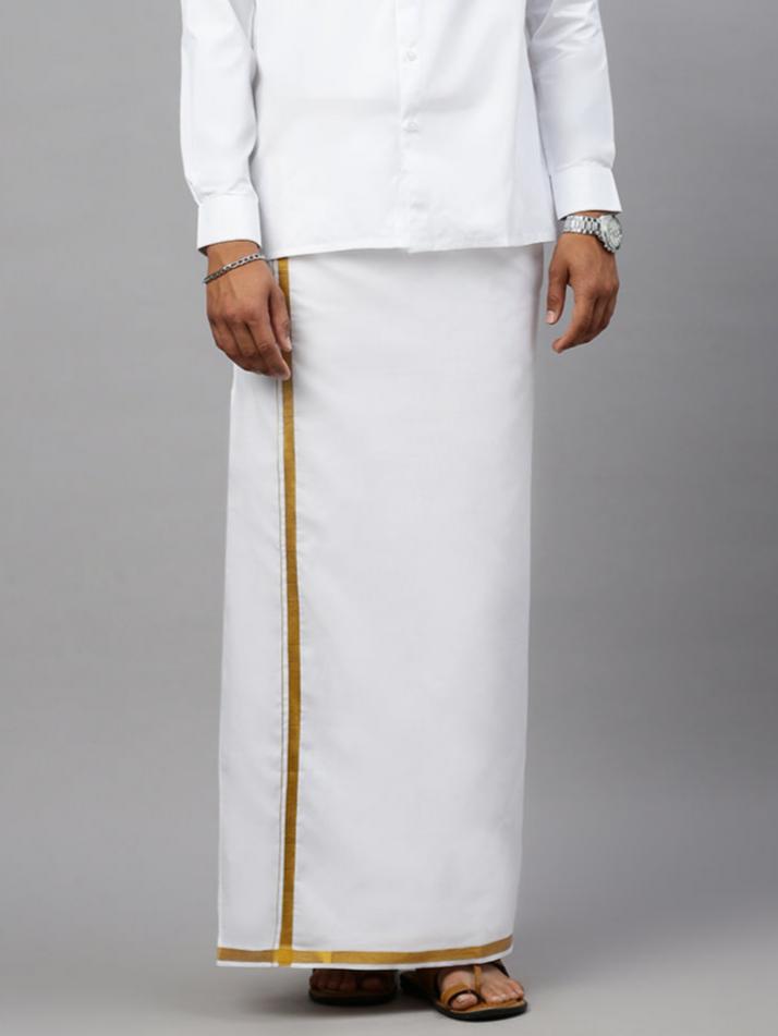 Men 100% Cotton Double Layer White Dhoti with 3/4"Gold Jari Border Cherry