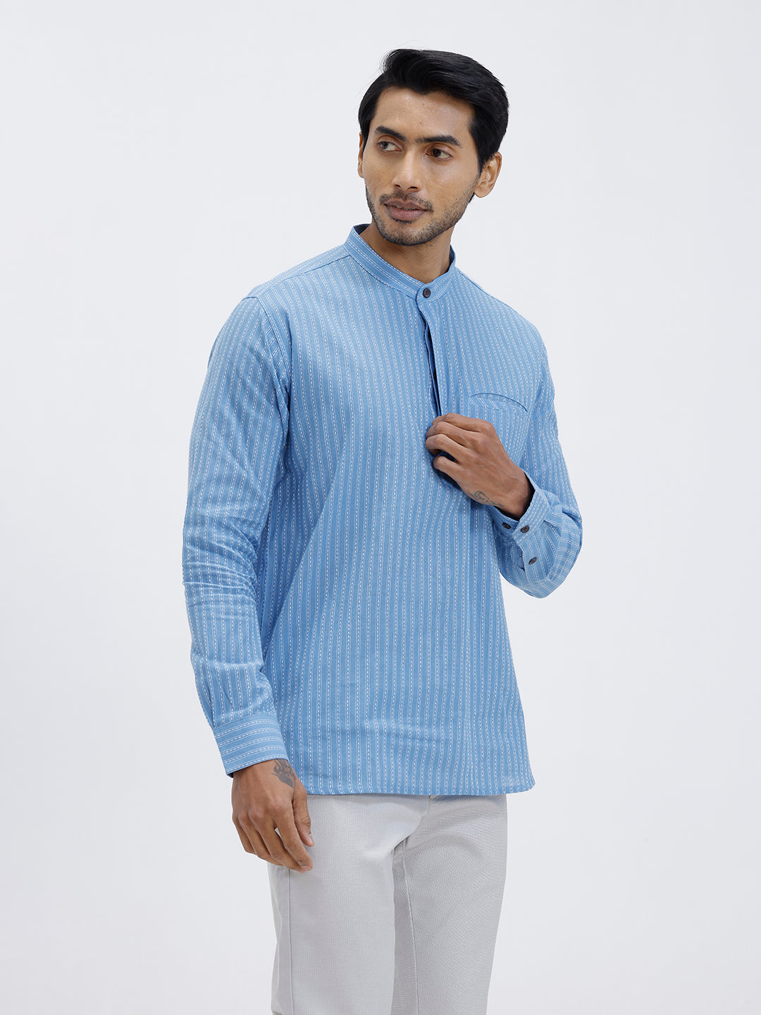 Men Cotton Short Length Striped Pocket Kurta Bright Blue RK59