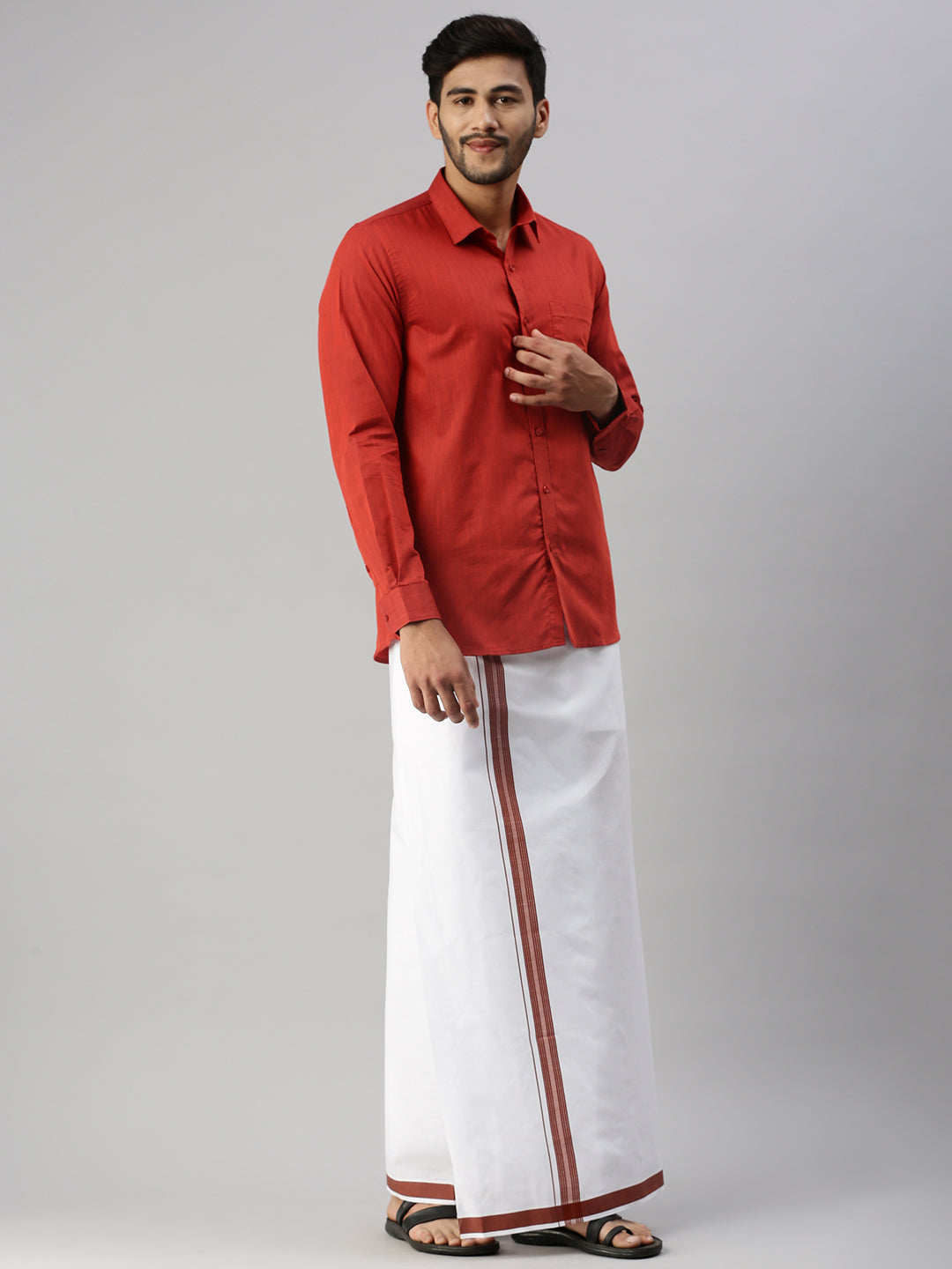 Mens Red Matching Border Dhoti & Full Sleeves Shirt Set Evolution IC5-Side view