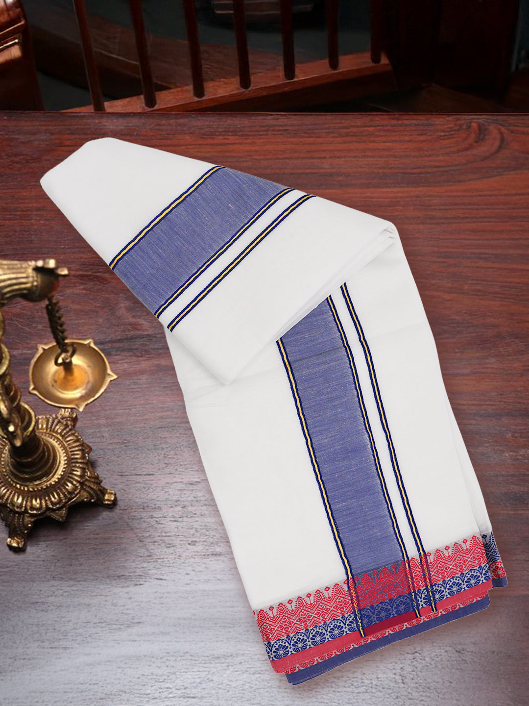 Men Cotton Navy Fancy Border Panchakacham with Angavasthram Keerthisena (9+5) KS04