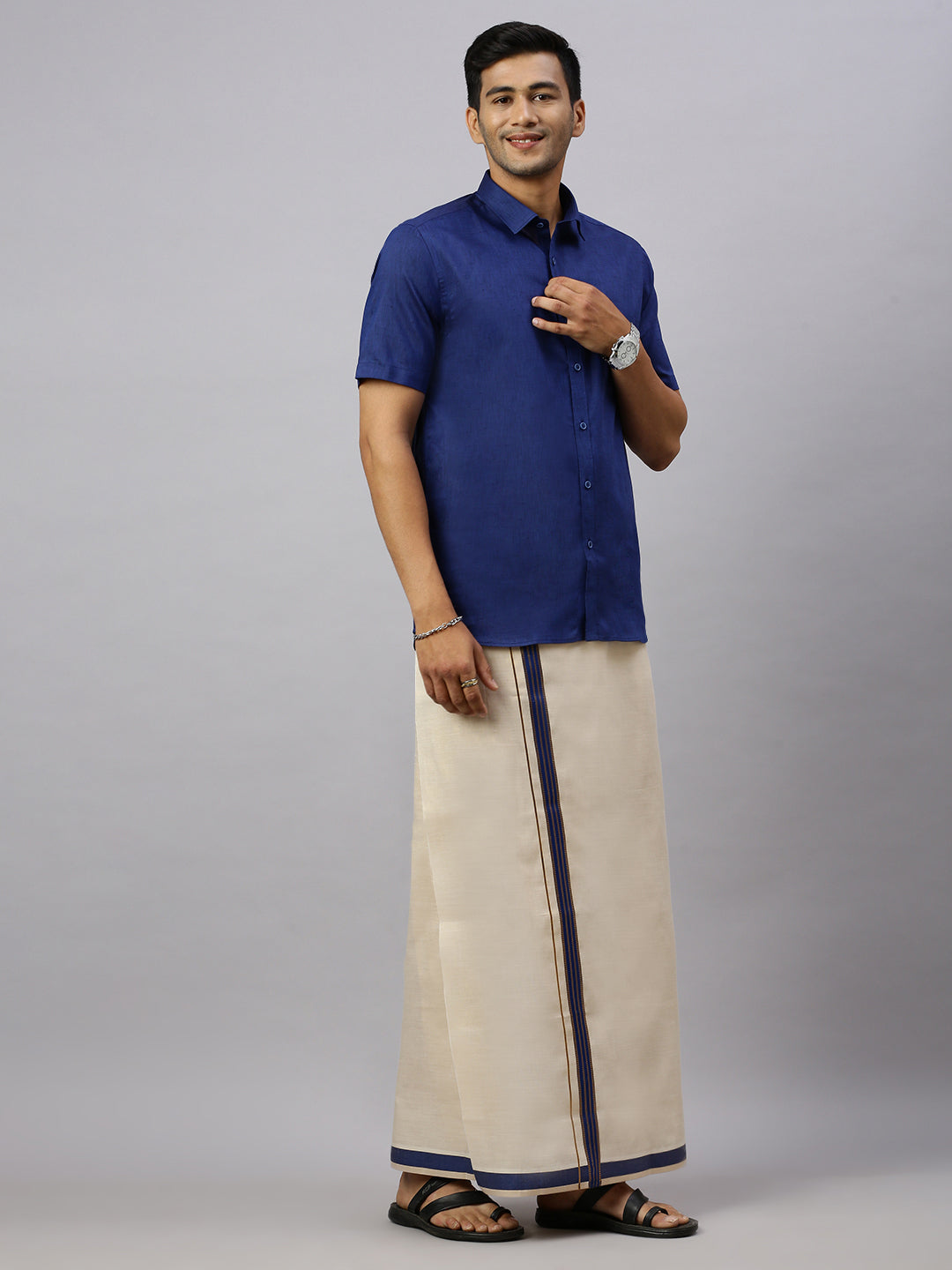 Mens Macho C.Blue Matching Border Dhoti With Full & Half Sleeves Shirt Set CCB