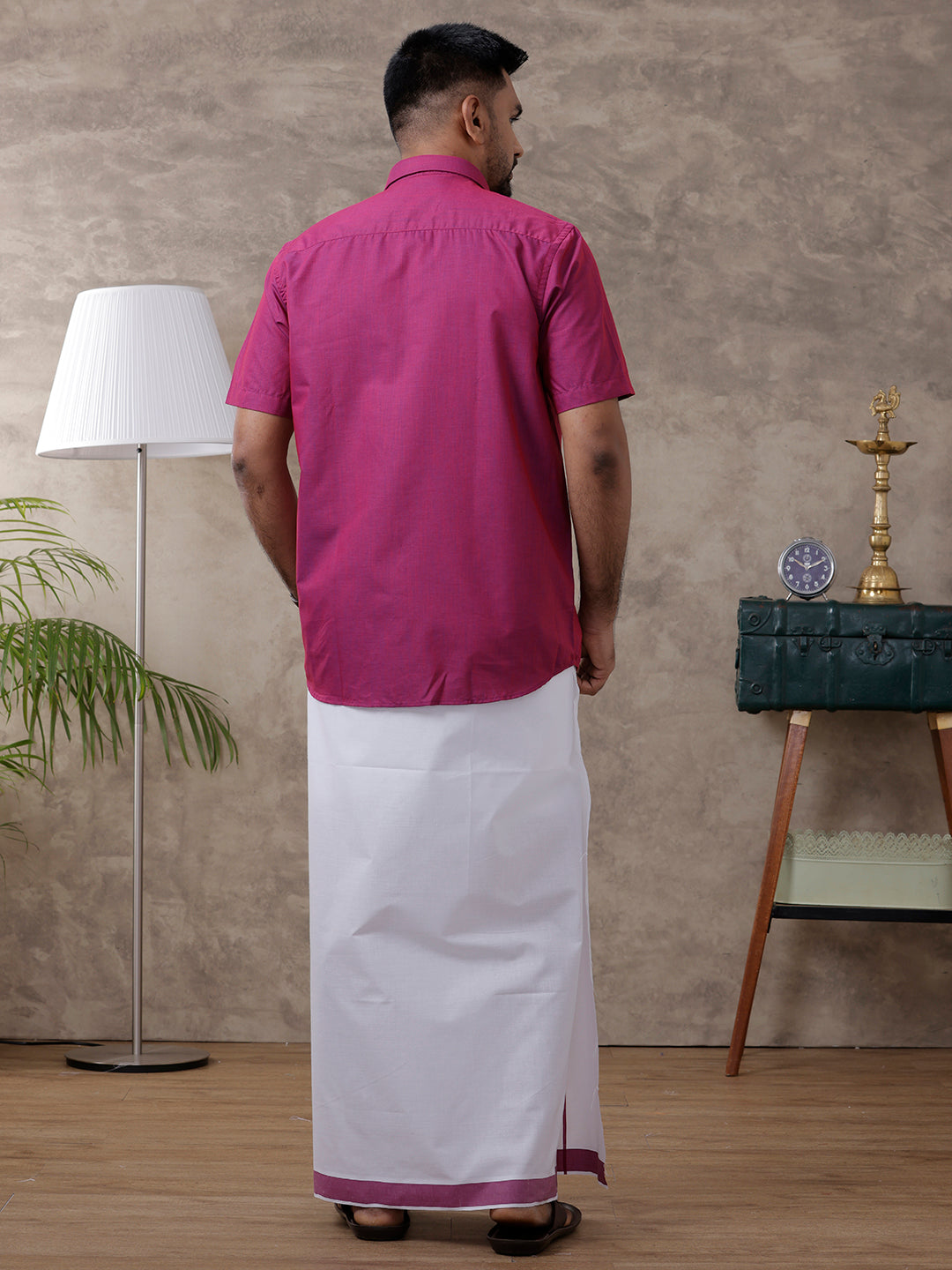 Men Magenta Matching Border Dhoti & Half Sleeves Shirt Set Evolution IC3