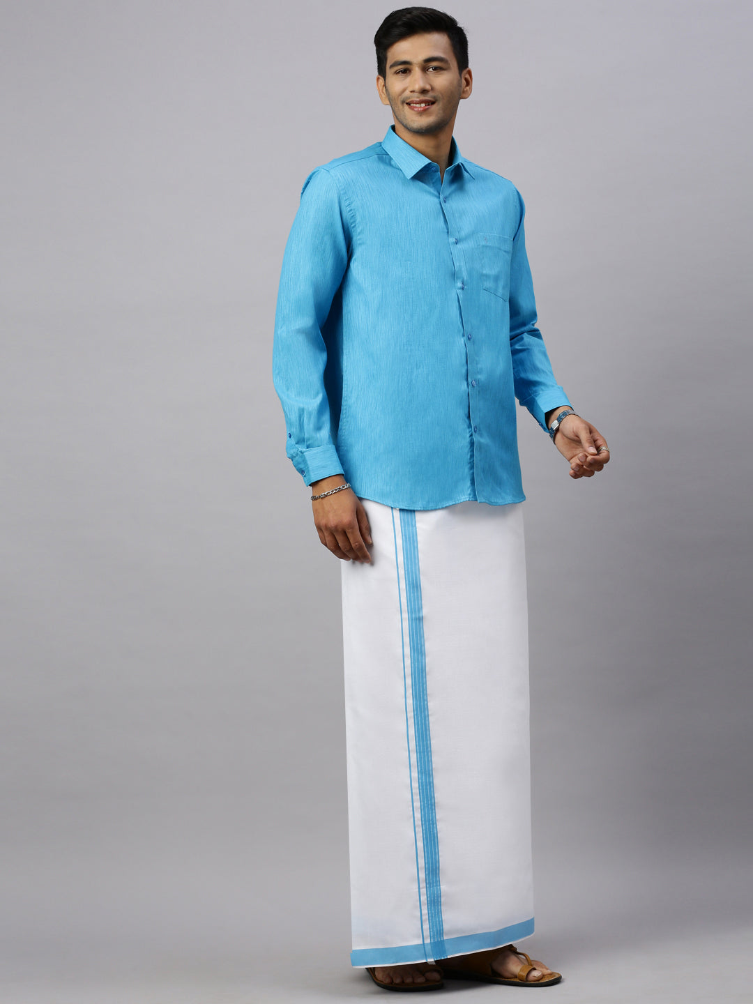 Mens Eastern Blue Matching Border Dhoti & Full Sleeves Shirt Set CV5