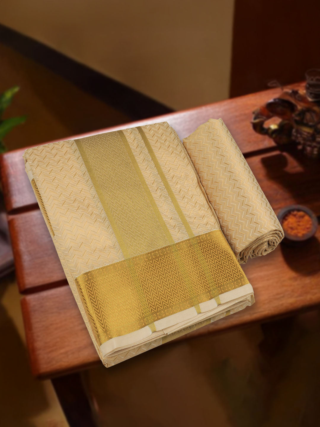 Men Art Silk Dhoti & Shirting Set Peach Mangalakara 140k (2 in 1) M31