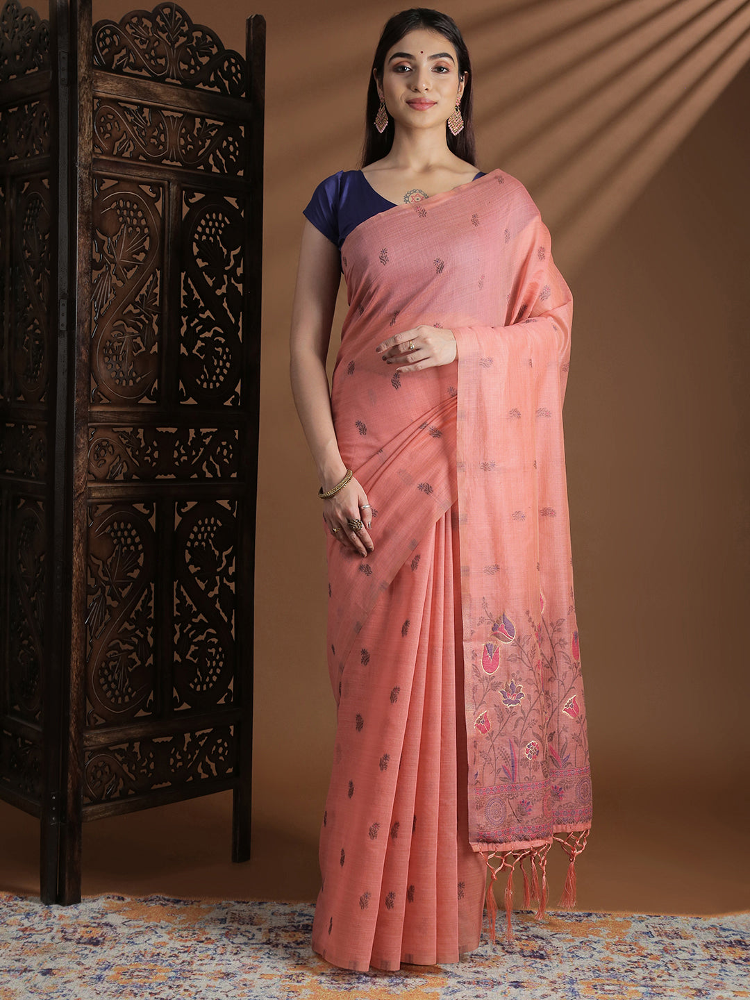 Women Peach Cotton Weaving Saree PCS247