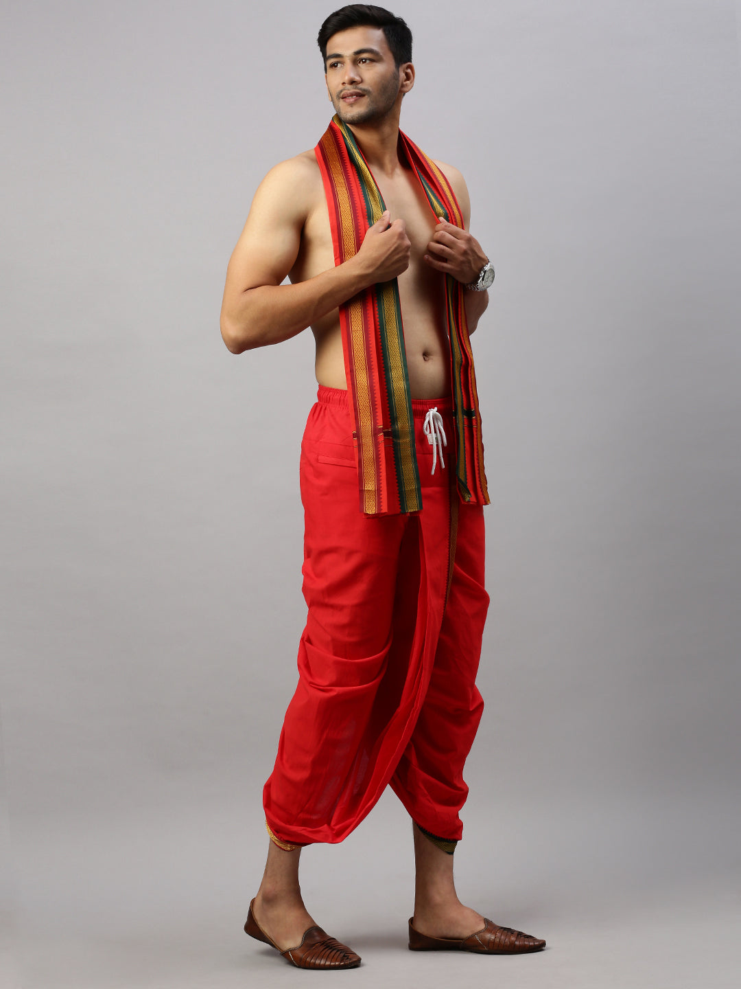 Men Readymade Panchakacham & Towel Set Red Naivedhya