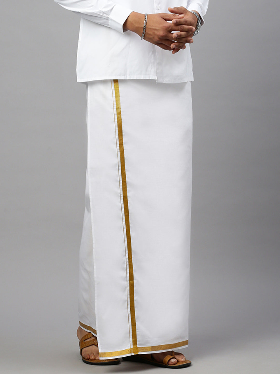 Men Cotton Blend Single Layer White Dhoti with 1/2" Jari Border Gold River