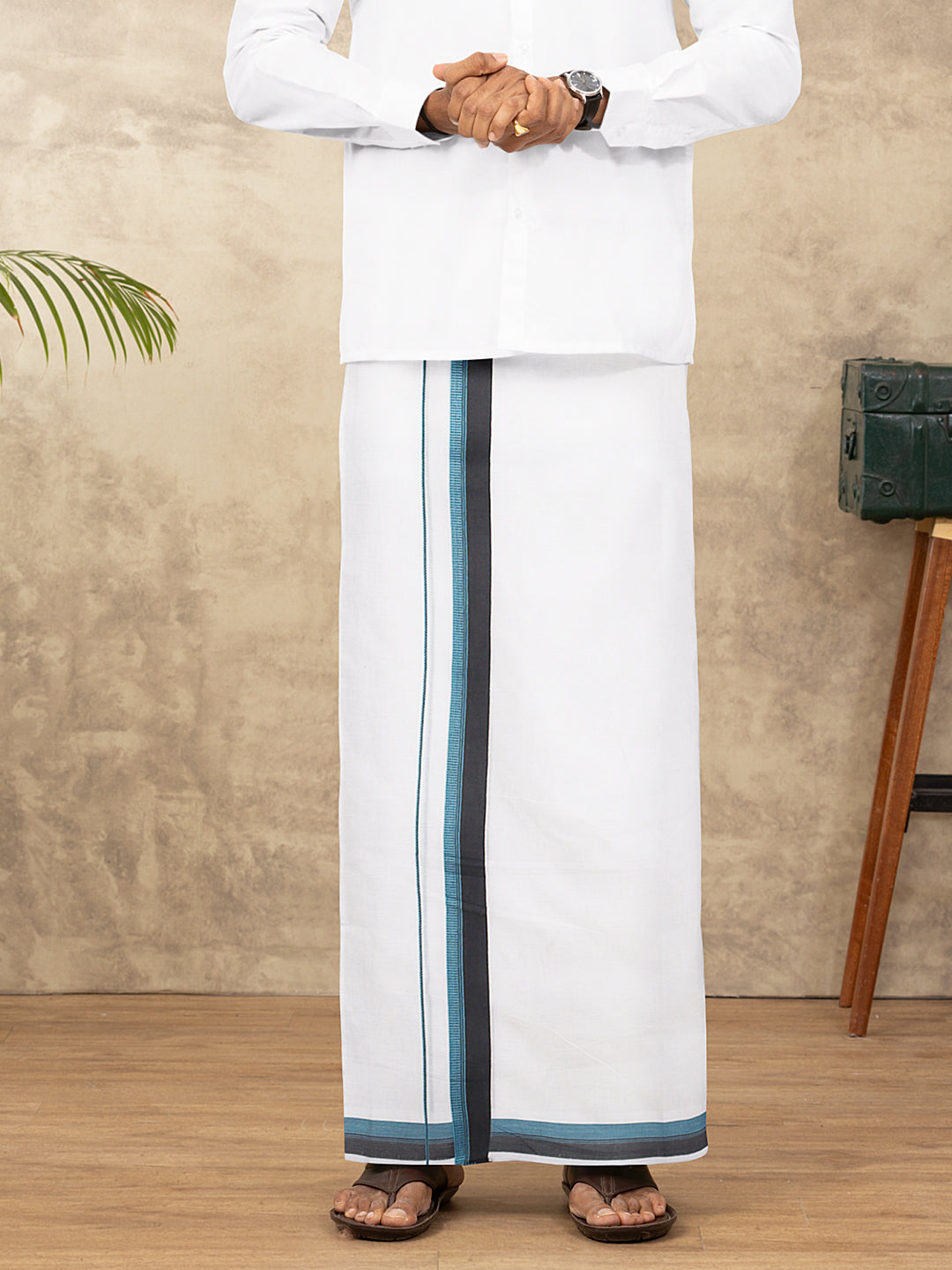 Men 100% Cotton Double Layer White Dhoti with Fancy Border EF06