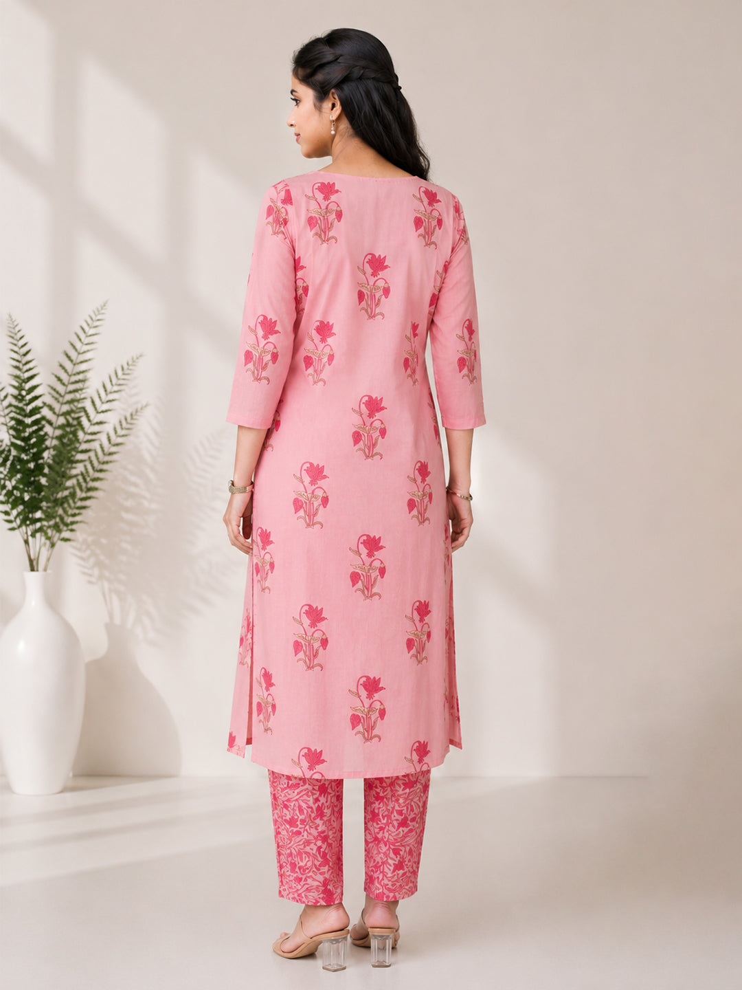 Women Cotton Printed Pink Kurti Set EKS136