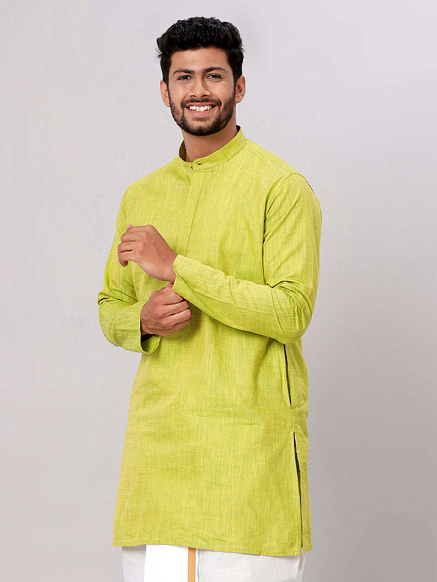 Mens Cotton Full Sleeves Parrot Green Medium Length Pocket Kurta FS2-Sdie view