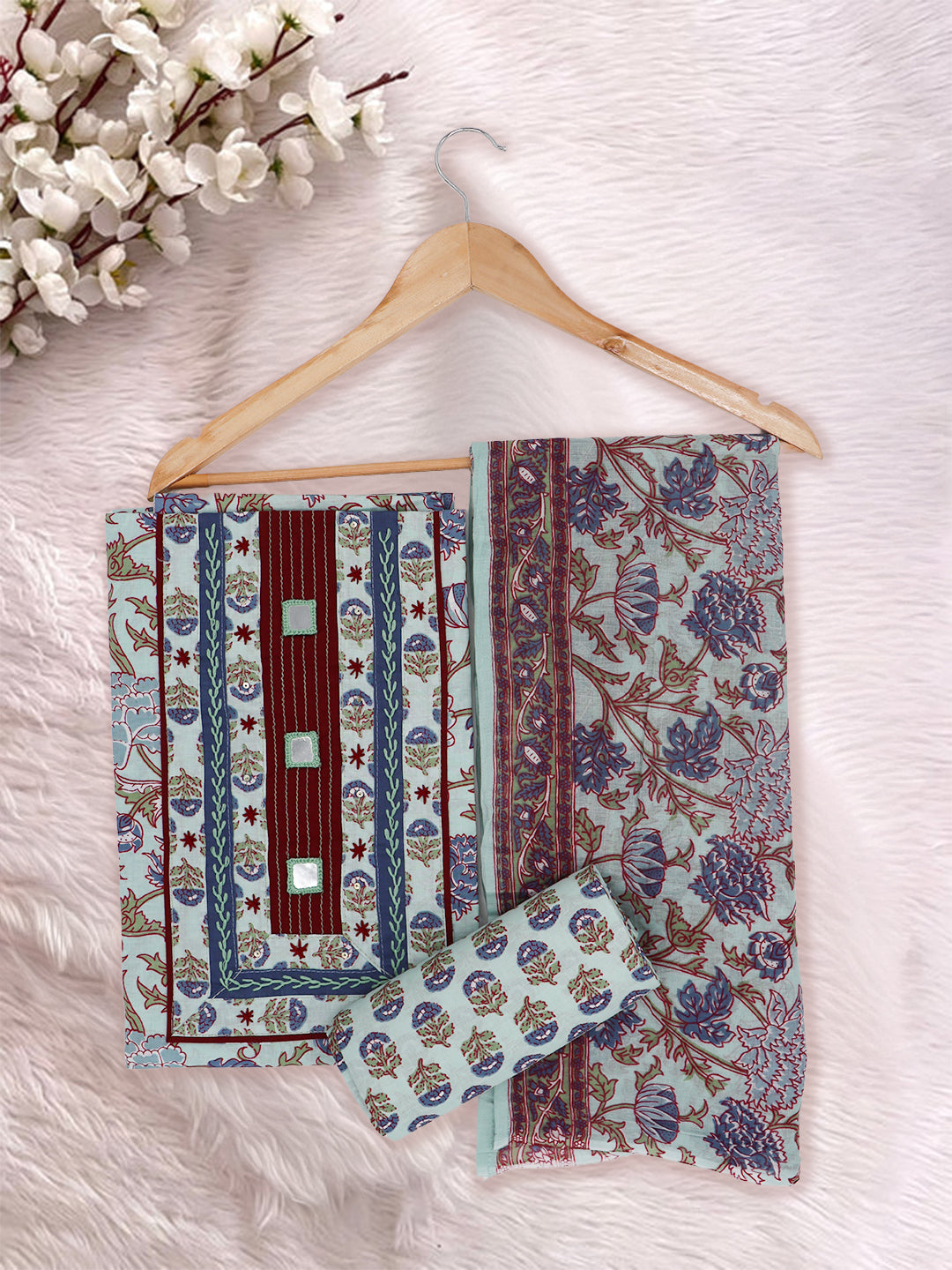 Women Pure Cotton Printed Dress Material Light Blue DM354