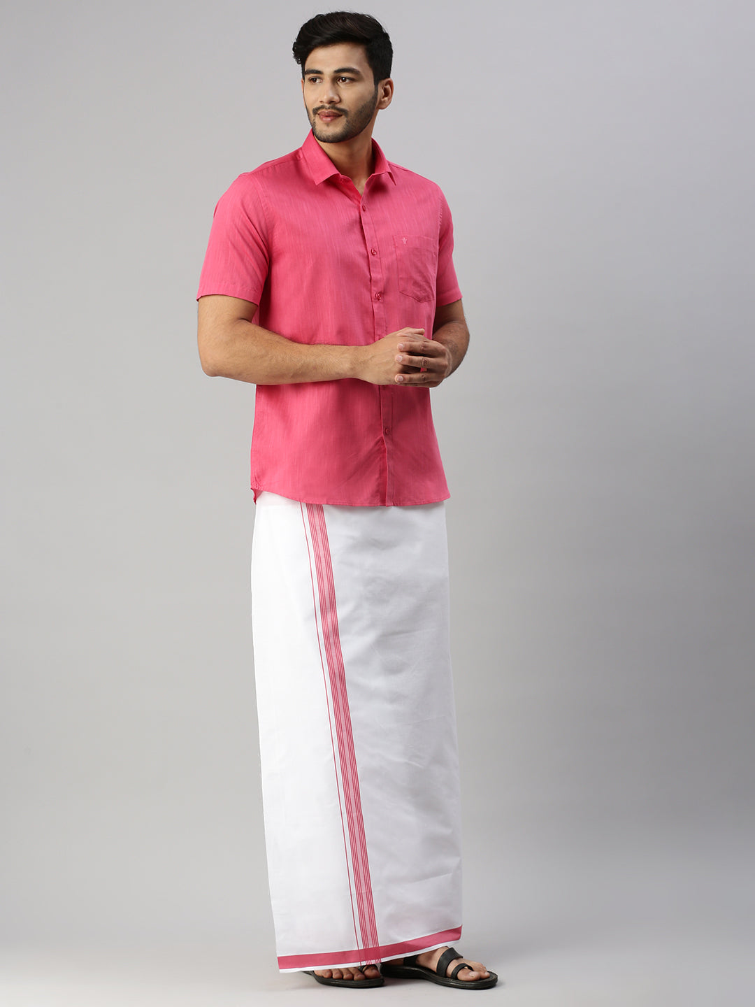Mens Pink Matching Border Dhoti & Half Sleeves Shirt Set Evolution IC2-Front view