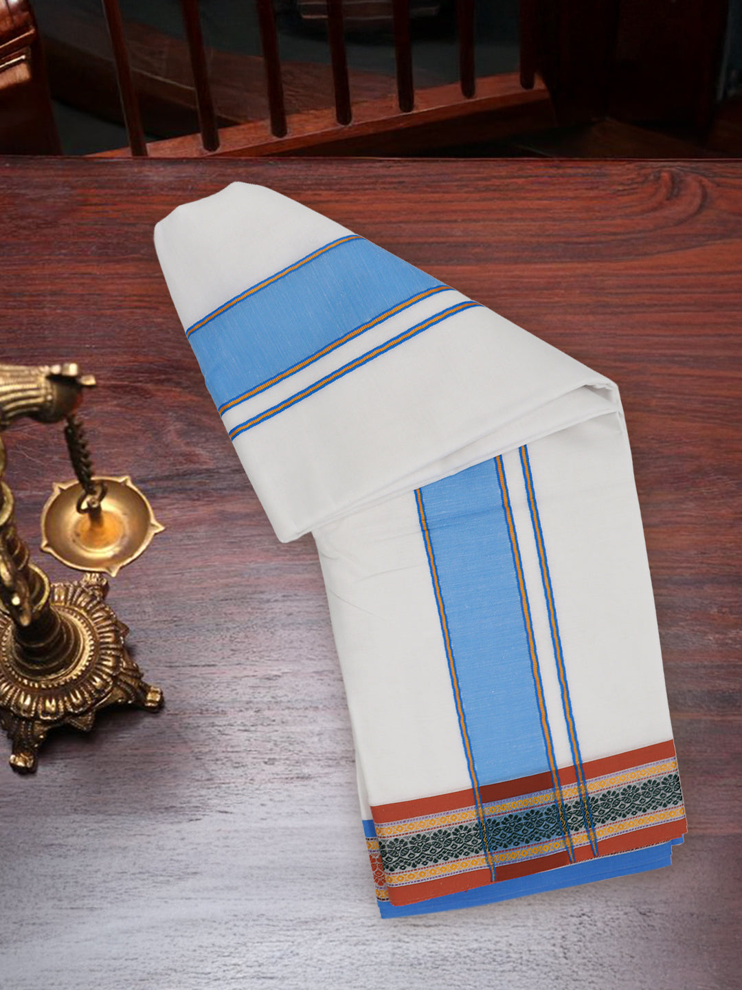 Men Cotton Blue Fancy Border Panchakacham with Angavasthram Keerthisena (9+5) KS02