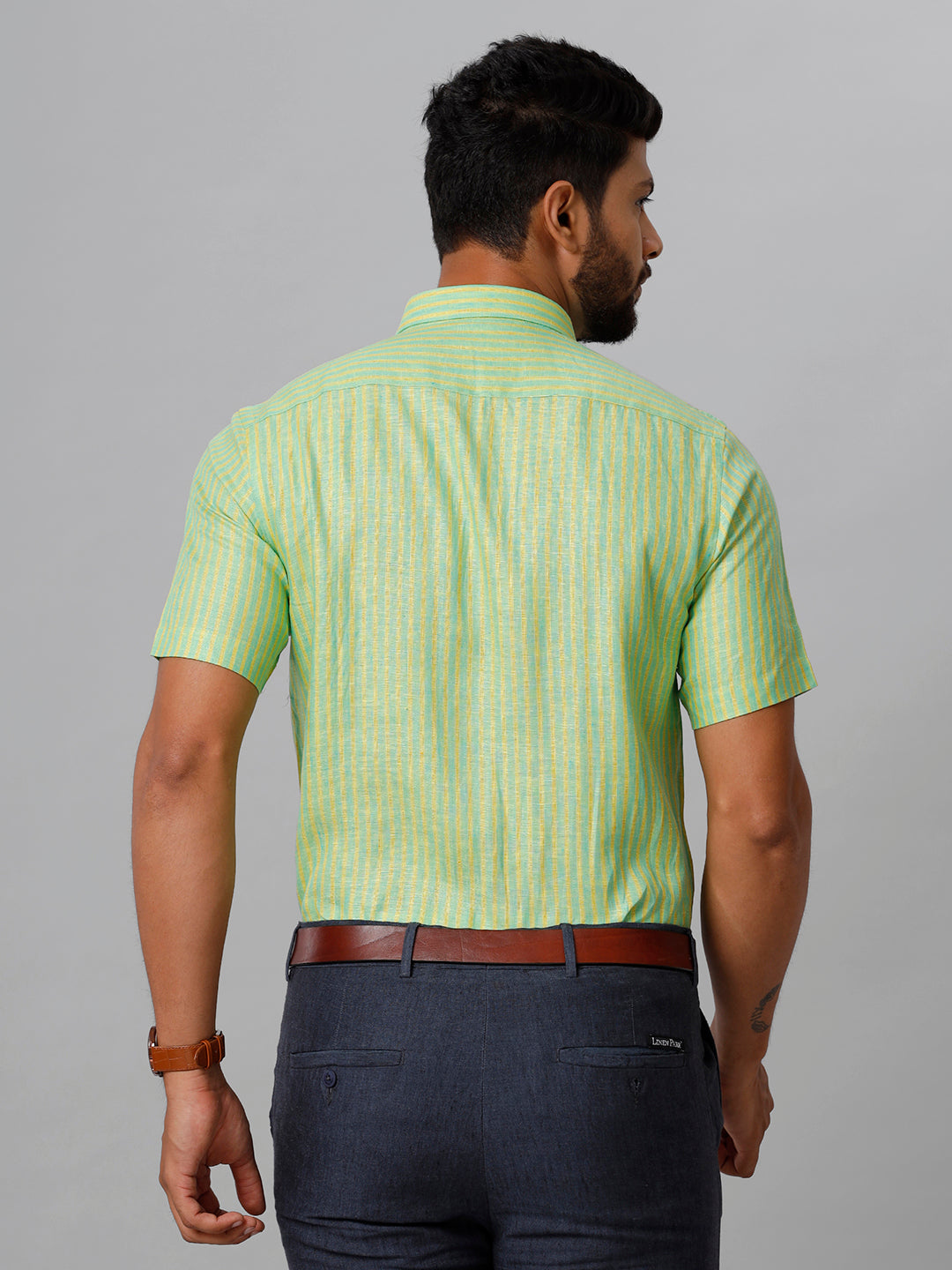 Mens Pure Linen Striped Half Sleeves Green & Yellow Shirt LS6-Back view