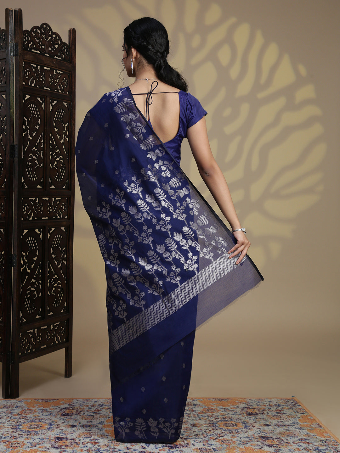 Women Navy Blue Semi Kora Cotton Saree SK111